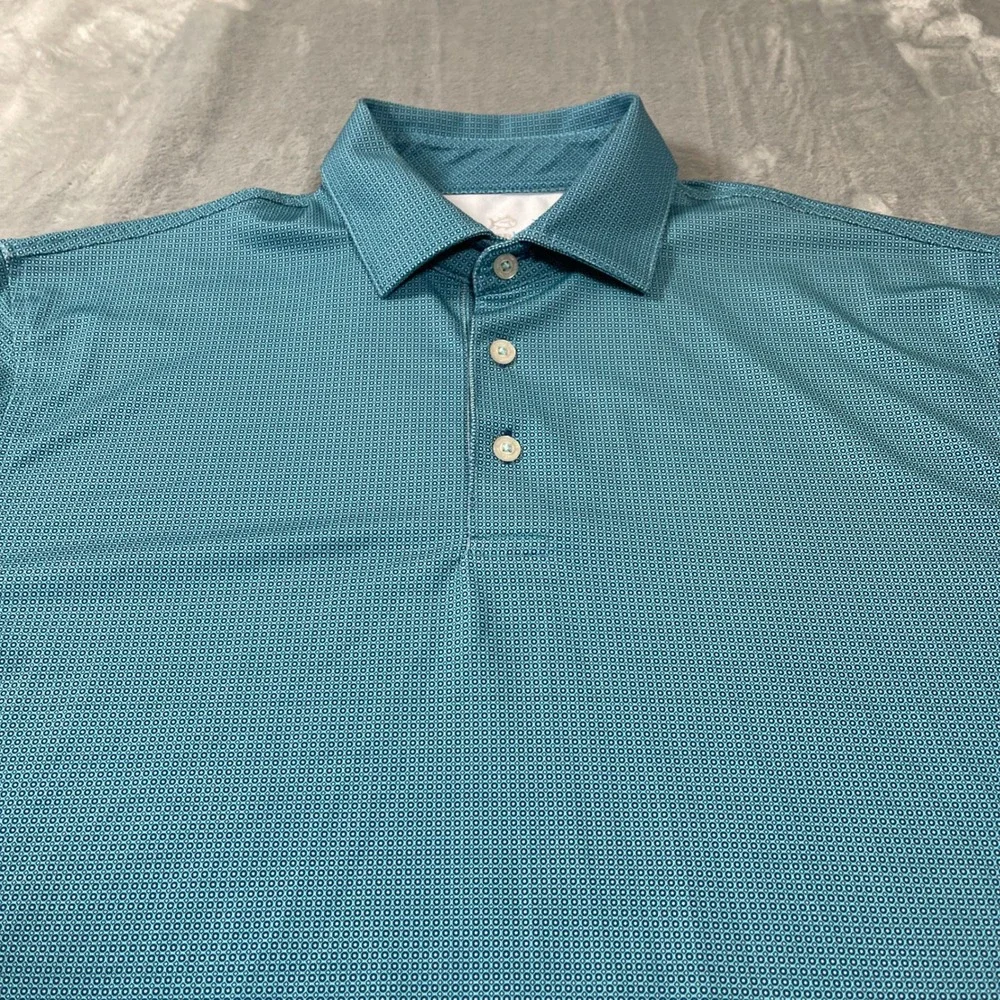 Southern Tide Mens Polo Shirt Size M Performance Teal Blue Geometric Print - Picture 2 of 5